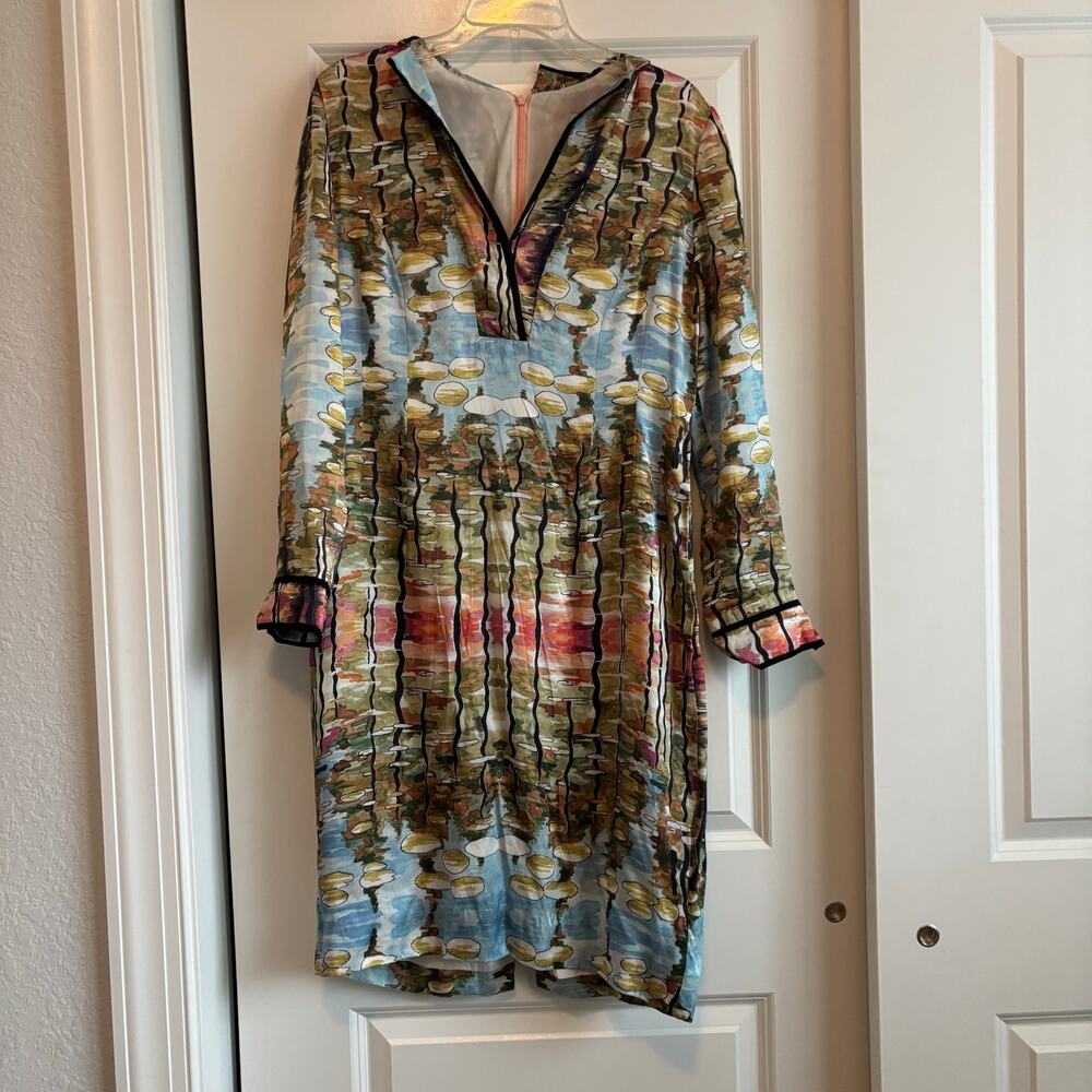 Linda Cunningham Silk Tunic Dress 6 Abstract Artsy Art2Wear Long Sleeve V-Neck